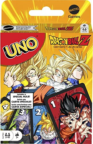 Mattel Games UNO Dragon Ball Z kortspel japansk mangatema 112 kort med unika vilda kort och instruktioner för spelare 7 år och uppåt, present till barn, familj och vuxen spelkväll