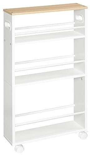 HOOBRO Rollwagen, Küchenwagen mit 4 Ebenen, Schmaler Servierwagen, 45 x 15 x 80 cm, Küchenregal mit 360° drehbaren Rädern und Geländern, für Küche, Bad, Wohnzimmer, Weiß und Naturholz EWN15TC01