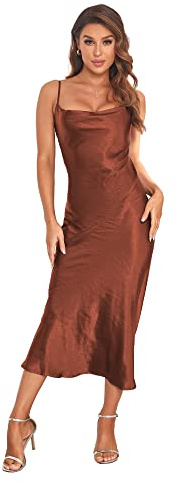 Damen Spaghettiträger Midi Satin Seide Kleider Slip Wasserfallkragen Party Cocktail Abend Sexy Kleid, braun, S