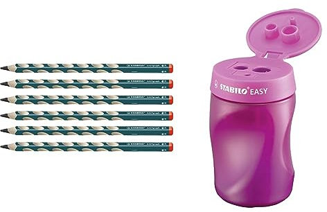 STABILO - Stifte-Set - Ergonomischer Dreikant-Bleistift für Rechtshänder - EASYgraph in petrol - Härtegrad HB und Ergonomischer Dosen-Spitzer für Rechtshänder - EASYsharpener - 3 in 1 - pink