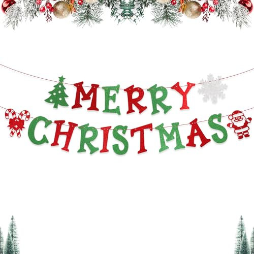 Merry Christmas Bunting Banner, Xmas Signs Banner Red Green Plaid Merry Xmas Sign Letters Banners for Outdoor Indoor Fireplace Wall Christmas Tree New Year Party Supplies A3HLSDQ