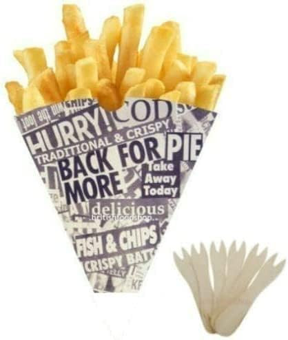 Newsprint Design Chip Cones with Chip Shop Forks Pack of 100