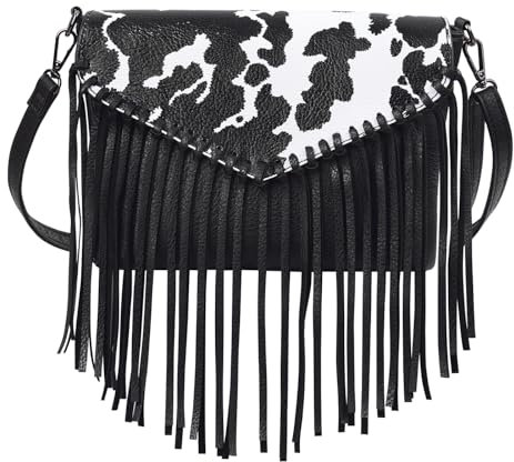 HDE Damen PU Leder Hobo Fransen Crossbody Quaste Geldbörse Vintage Kleine Handtasche, Schwarzes Kuhmuster