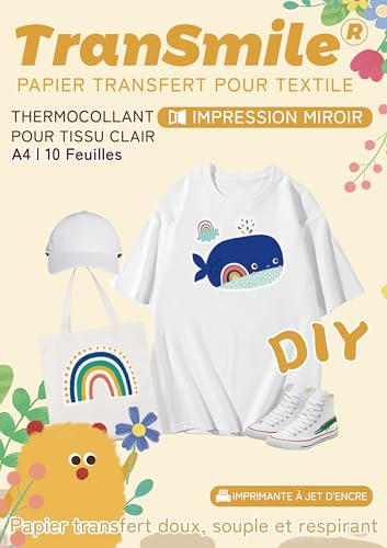 TranSmile Papier Transfert Tee-Shirt/Textiles blancs et clairs, A4*10 feuilles papier transfert thermocollant pour tissu, Tee-Shirt personnalisé, fond transparent, impression jet d’encre FR-2-1.0-10