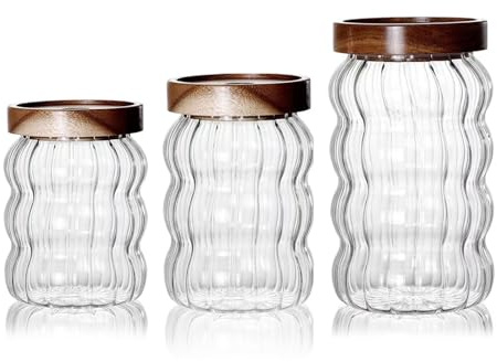 soulnioi 3pcs Glass Jar Waved Striped Jar with Lid Airtight Canister Set for Kitchen, Food Storage Container with Wooden Cover for Serving Tea, Coffee, Spice (1 Set)