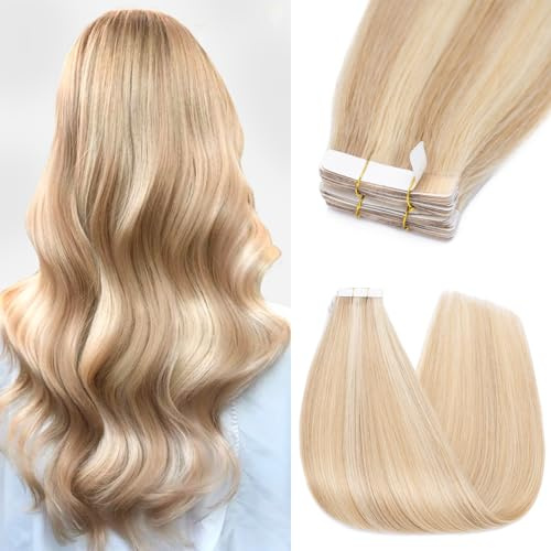 Silk-co Tape Extensions Echthaar 10 Stück 25g, Remy Tape in Extensions Haarverlängerung, Skin Weft Echthaar Haarextensions für dünnes Haar 50cm #18P613 Graublond mix Bleichblond