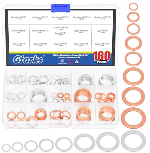 Glarks 160 pièces cuivre et aluminium bouchon d'huile Extrusion rondelle combo, M6 M8 M10 M12 M14 M16 M18 m20 cuivre Extrusion rondelles et aluminium bouchon d'huile rondelle Kit