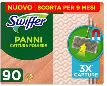 Swiffer Panni Catturapolvere, 90 Panni Microfibra Parquet, Panni Cattura Polvere e Sporco, Ottimo per Pavimenti con Cera d'Api e per i Peli di Animali, Fino al 95% di Allergeni in Meno