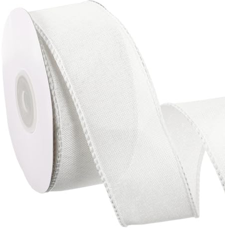 sourcing map Juteband mit Draht, Schleifenband für Weihnachten, 3,8 cm x 9,1 m, mit Drahtrand für Bastelarbeiten, Geschenkverpackungen, Kranz, Weihnachtsbaumdekoration, Weiß