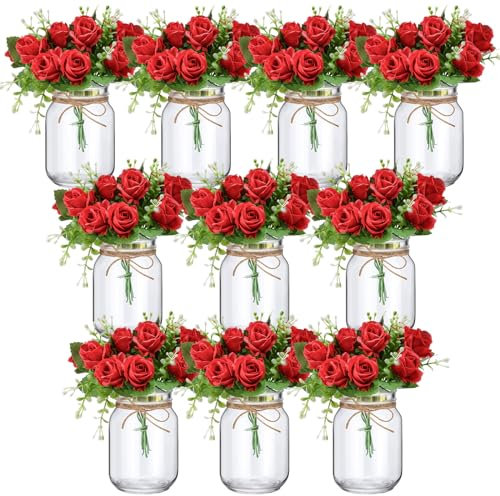 XunYee 10 Set Mason Jar Table Centerpiece with Flower Mason Jar Flower Centerpiece Vases Decor for Engagement Party Bridal Shower Centerpieces Wedding Reception Table Decor(Red Rose)
