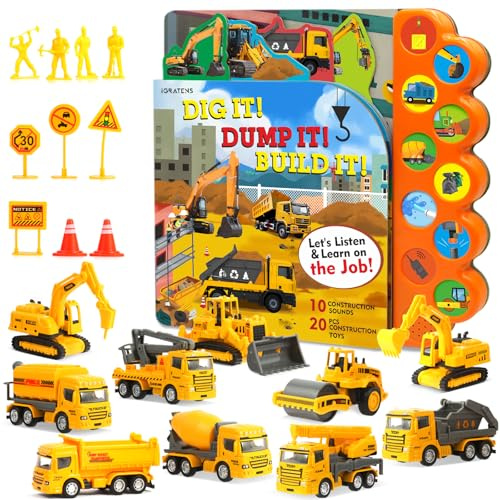iGRATENS Construction Toys with Sound Books - Dig It! Dump It! Build It! Construction Board Book with 10 Buttons & 20 PCS Toys for 3+ Year Old, Great for Little Alloy Truck Lovers Kids