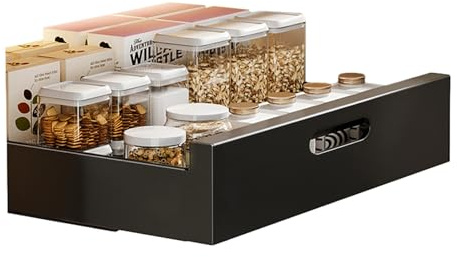 Hodeffior Teleskopschublade, Ausziehbare Schublade küche 40 cm B x 43 cm T x 9 cm H, Kohlenstoffstahl Aufbewahrungsregale für Küchenschränke korbauszug, Slide out Drawer, Küchenorganisator,Kein Bohren