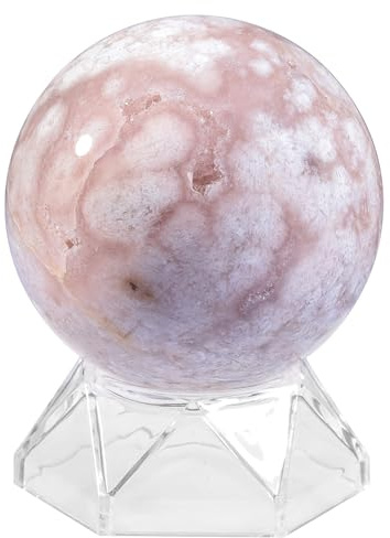 KYEYGWO Natürliche Poliert Kirschblüten Achat Kristallkugel mit Acryl Ständer Edelstein Figurine Steinkugel Ornamente für Dekoration Meditation Wahrsagerei, 61-70mm
