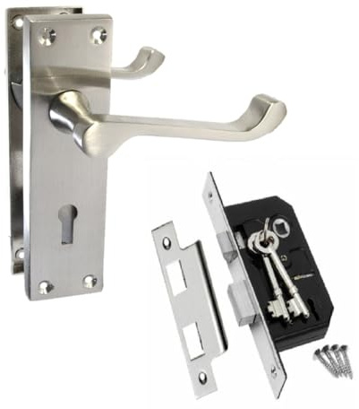 Epsom Door Handle Victorian Scroll Satin Nickel Internal Lock Door Handle Set – Lever on Backplate 150mm x 42mm – Includes 3 Lever Mortice Sash Lock – 1 Pair
