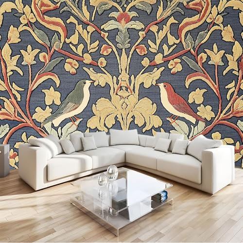 Stile Medievale Carta da Parati Murales uccelli e fiori vintage Fotomurali 3D Carta da Parati 400x280 cm, 3D Effetto Quadri Murali Murale Decorazione parete Soggiorno Camera da Letto