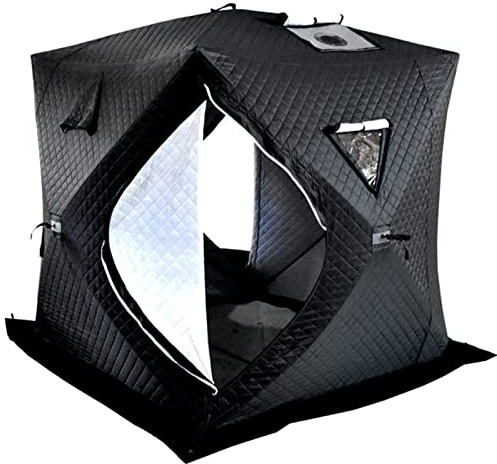 KJZQXYX Winter-Eisangelzelte, 3 Schichten verdickende Warm- und Winterzelte, Outdoor-Angel-Baumwollzelte, Campingzelte mit Kamin (Black 200 * 210 * 180cm)