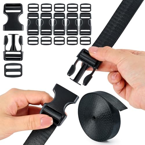 TERLUNNSI Schnallen Gurtband Set, 6 Yards Schwarz Nylon Gurtband, 6 Stück Schnellverschluss-Schnallen, 12 Stück Tri-Glide Slides, Robuste Zweifach Verstellbare Rucksackschnalle für Rucksack DIY