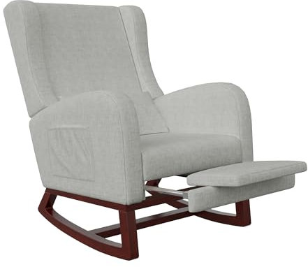 Schaukelstühle für Erwachsene, Stillstuhl, Schaukelstuhl mit Fußstütze, gepolsterter Wippsessel mit Seitentasche, Relaxsessel für Wohnzimmer, Schlafzimmer (graues Leinen)