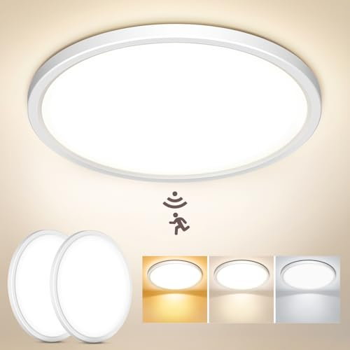 NIBSHOOM Plafón LED Techo con Sensor de Movimiento, 3000K/4000K/6500K 18W IP44 Impermeable Lampara Techo, Lampara Luz LED Techo Balcón Cochera Pasillo Sótano Sala, Ø22cm, 2piezas