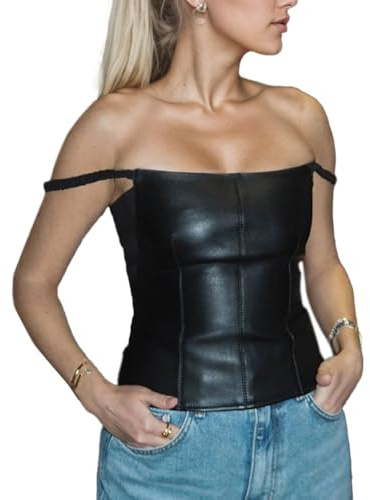 EMOTTOS Mujeres de Cuero Camiseta sin Mangas, Sexy PU Spaghetti Strap Chalecos de Corte Bajo, Y2K Slim Fit Sin Hombros Top con Correa Elástica, Noche Club Party Tshirts para Señoras, Negro, M