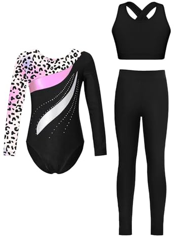 Miutii 3Pcs Mädchen Turnanzug Langarm Glitzer Gymnastikanzug Ballettanzug + Sport BH Tops + Hose Gymnastik Leotard Wettbewerb Tanzkostüm