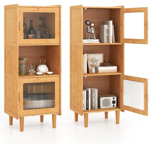 COSTWAY Küchenschrank aus Bambus, 3-stöckiger Buffetschrank mit 2 Acryltüren & offenem Fach, Vitrinenschrank freistehend, Vorratsschrank für Küche, Wohnzimmer, Natur, 49,5 x 40 x 130 cm