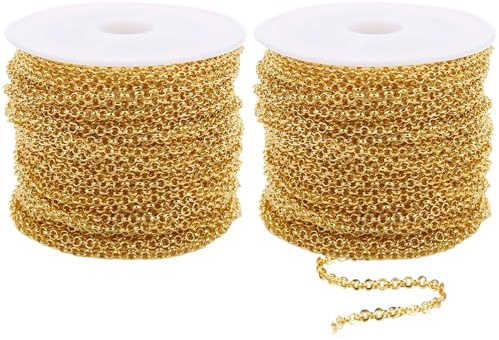 Hperu 2 rullar armbandskedjor för smyckestillverkning 10 m guldpläterad kedja, 2 mm platt O-formad guldkedja för smyckestillverkning, gör-det-själv hantverk smyckestillverkning kedja för armband,