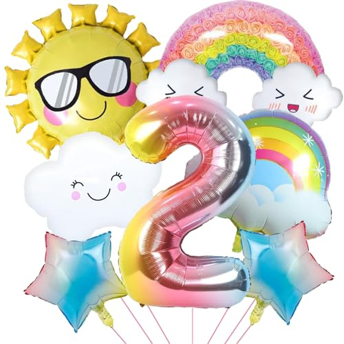 Folienballon Regenbogen, 7 Stücke Luftballons Regenbogen Deko Kindergeburtstag, Sonne Regenbogen Sterne Wolken Luftballons Mädchen, Regenbogen Ballon für Geburtstagspartys Dekorationen (2 Jahre)