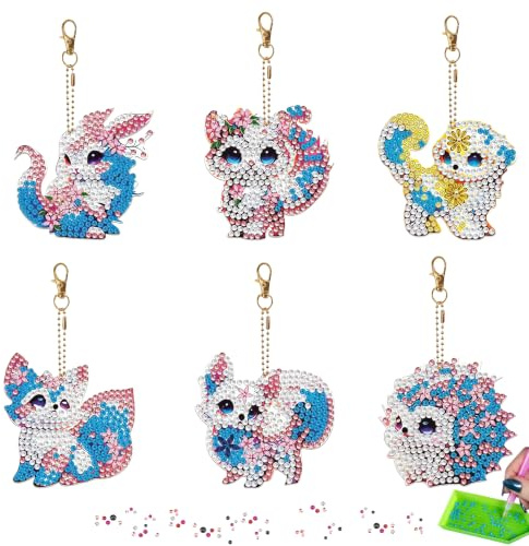 Zamety 6 st diamantmålning nyckelring djur 5D diamantmålning komplett kit gör-det-själv diamantmålning dubbelsidig räv diamantpärlor kristallkonst prydnad för barn nybörjare vuxna