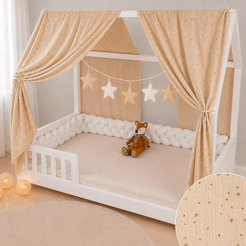 YellowNest Hausbett Himmel (2er Pack) - 100% Baumwolle - Betthimmel Hausbett aus Musselin (2er Pack) - Himmelbett Vorhänge für Bett 80x160 & 90x190 & 140x200 cm (Beige, 130 x 320 (2er-Set))