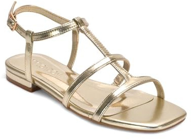 ESSEX GLAM Women's Flat Sandals Ladies Strappy Ankle Strap Buckle Caged Gold Metallic Synthetic Leather Square Toe Shoes Size 5