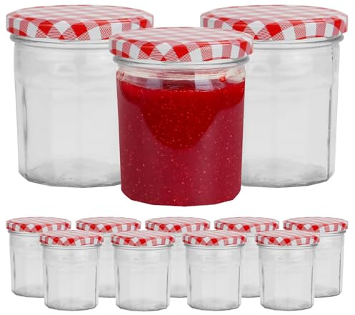 UNIQUE HOME LIVING Glass Jam Jars Set of 12, Wide Mouth 300ml Glass Preserve Jar with Screw Top Red Gingham Lids, Airtight Jars for Homemade Jam, Pickles, Marmalade, Chutneys, Honey Jar