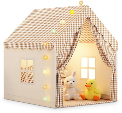 Play Tent with Lights, play tent House for Toddler, Neutral Color Play Room Furniture, Toy House Gift for Boys & Girls,Foldable Indoor & Outdoor Play House for Children