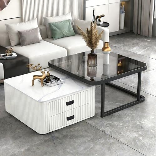 Couchtisch 2er Set, Weiße Marmor Satztisch mit Schubladen, Beistelltisch mit Metallrahmen und Glas, Platzsparender Moderne Sofatische für Schlafzimmer Wohnzimmer Balkon Wohnung,Quadratisch weiß