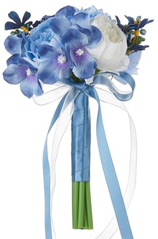 Fictory Ramo de crisantemo azul artificial, mini flores falsas atadas a mano, arreglo listo para boda, dama de honor, niña de las flores, regalos de cumpleaños y decoración del hogar