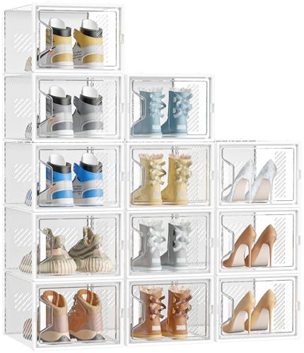 SIMPDIY Large Shoe Storage Box, 12 pcs Stackable Clear Shoe Boxes for UK 12 | Magnetic Door & Aromatherapy Stick, Clear Plastic, Dustproof, Ventilated & Anti-Odour, Ideal for Entryway & Wardrobe, White