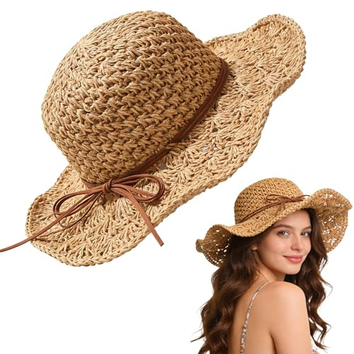 Lysjoy Sonnenhut Damen, Strohhut Damen Sommer, Sommerhut Damens Leicht, Hut Damens Sommer Faltbar, UV-Schutz Boho Sonnenhut für Strand, Urlaub, Reisen, Outdoor-Aktivitäten