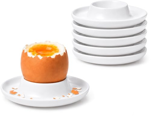 6 Coquetiers Empilables pour Œufs à la Coque, Plastique Blanc avec Rebord | Lot familial léger et peu fragile, avec plateau intégré pour poser cuillère et coquilles au petit déjeuner