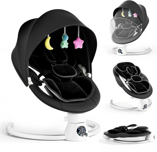 Sdraietta Neonati Elettrica con Schienale Regolabile su 2 Livelli - App e Telecomando Dondolo Neonati Elettrico con 3 Timer, 5 Velocità di Altalena, 12 Musiche, Altalena Neonato Bluetooth (Nero)