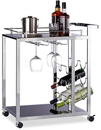 Relaxdays Servierwagen Glas BARON schwarz, Design Rund, Metall, HxBxT: 73 x 46 x 74 cm, Küchenwagen, Teewagen, black