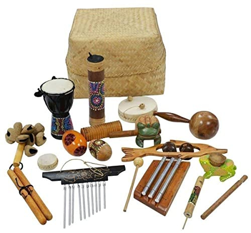 A-Star - Juego de percusión multicultural de 15 piezas en cesta, instrumentos musicales hechos a mano