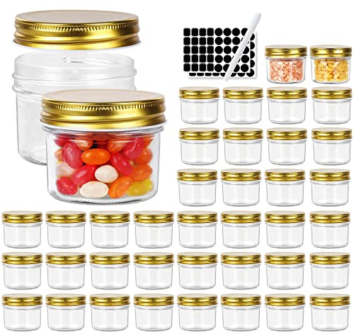 Betrome Lot de 40 bocaux ronds en verre transparent de 100 ml avec couvercles dorés en métal, parfaits pour épices, herbes, miel, confiture, dragées de mariage