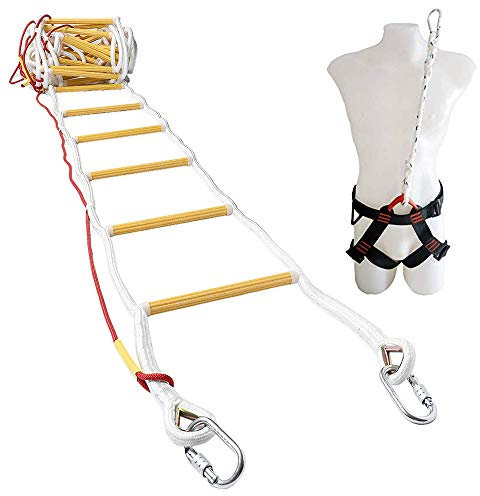 ISOP 4-Story Emergency Fire Escape Ladder – 32 ft (10m) | Heavy-Duty Rope Ladder with Safety Cord, Security Harness & Spring Hooks | Rust & Weather Resistant | Reusable | 2000 lbs Weight Capacity