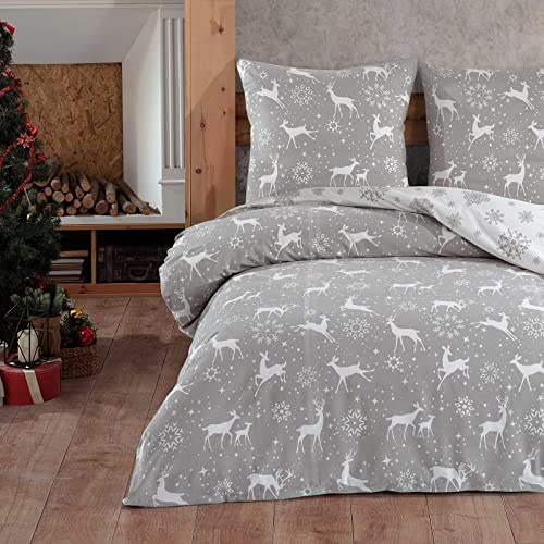 Style Heim Biber Bettwäsche 155x220 cm Flauschige Winterbettwäsche 2 Teilig 100% Baumwolle mit Reißverschluss Bettwäsche-Set Kissenbezug 80x80cm, Wendebettwäsche Rentier Schneeflocke, Weiß Grau