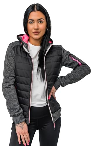 BOLF Damen Übergangsjacke Steppjacke mit Kapuze Daunenjacke Reißverschluss Sportjacke Zip Wärme Freizeit Outdoor Basic Casual Style J.STYLE KSW4001 Schwarz L [D4D]