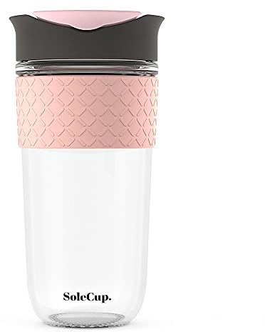 SoleCup. - Reusable Strengthened Glass Travel Cup - Spill Proof Coffee Mug - 18oz/530ml BPA-Free Hot Drink Travel Mug with Lid & Silicone Band (Grey and Pink, 18oz / 530ml)