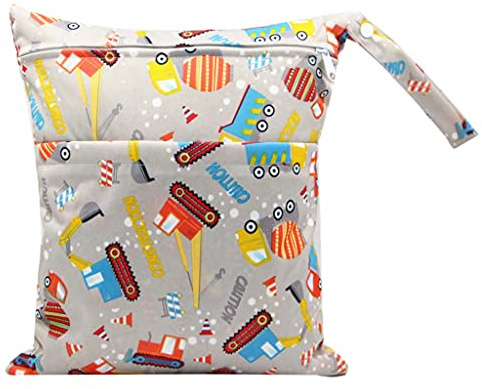 Egurs Windeltasche mit 2 Reißverschluss Wiederverwendbare wasserdichte Wickeltasche Wetbag Nasstaschen groß 30 * 36cm,40 Verschiedene Muster Engineering Fahrzeug-Grau