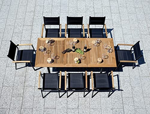 Gartentisch aus Aluminium und Holz mit 6 Stühlen, ausziehbar, bis zu 2,10 m, gepolsterte Stühle