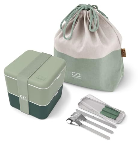 monbento - Natural Lunchbox Set - Mit Bento Box MB Square mit Fächern Made in France, Besteck-Set MB Slim Box, Bento Tasche MB Pochette L - BPA Frei - Lebensmittelecht - Grün