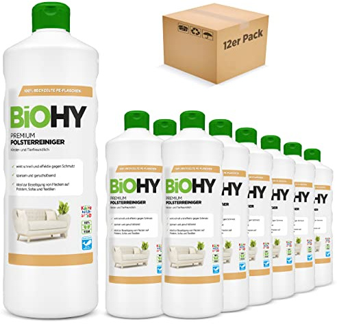 BiOHY Nettoyant premium pour tissus d'ameublement (12 x 1l Bouteille) | Bio concentré pour meubles rembourrés, canapés, tapis & textiles | détachant désodorisant (Premium Polster)